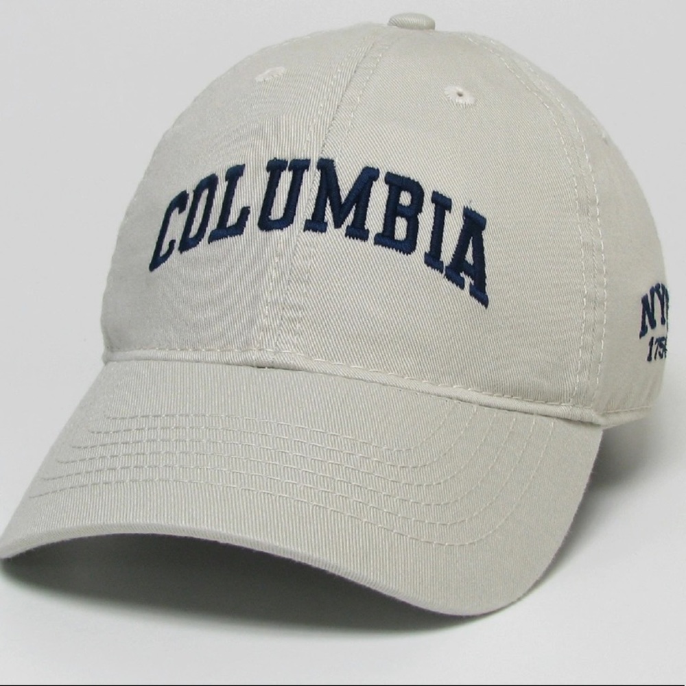 Columbia university tan baseball hat with navy needlepoint detail “NYC 1754”